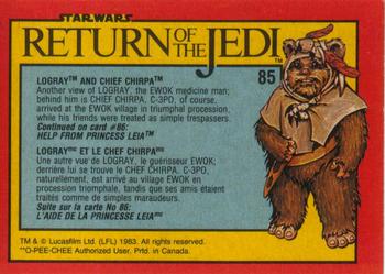 1983 O-Pee-Chee Star Wars: Return of the Jedi #85 Logray and Chief Chirpa Back