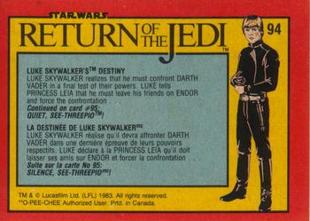 1983 O-Pee-Chee Star Wars: Return of the Jedi #94 Luke Skywalker's Destiny Back