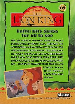 1994 SkyBox The Lion King Series 1 & 2 #05 Rafiki lifts Simba for all to see Back