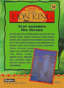 1994 SkyBox The Lion King Series 1 & 2 #36 Scar assumes the throne Back