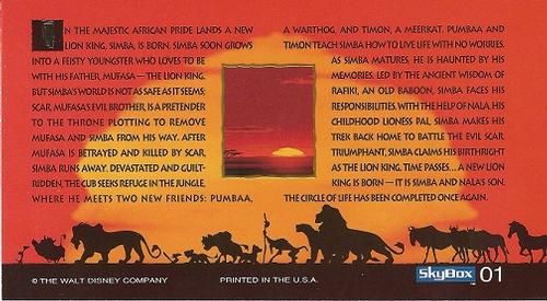 1994 SkyBox The Lion King Widevision #1 In the majestic African pride lands a new lion king Back