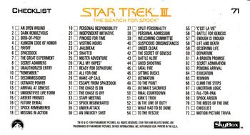 1994 SkyBox Star Trek III The Search for Spock Cinema Collection #71 Checklist Back