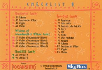 1995 SkyBox Pocahontas #90 Checklist B: 55-90 and Inserts Back