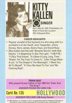 1991 Starline Hollywood Walk of Fame #135 Kitty Kallen Back