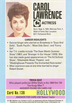 1991 Starline Hollywood Walk of Fame #139 Carol Lawrence Back