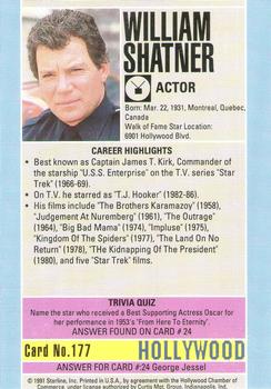 1991 Starline Hollywood Walk of Fame #177 William Shatner Back