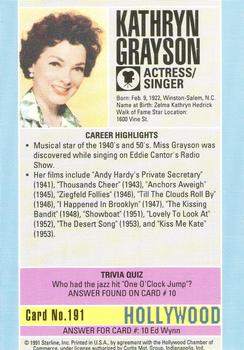1991 Starline Hollywood Walk of Fame #191 Kathryn Grayson Back