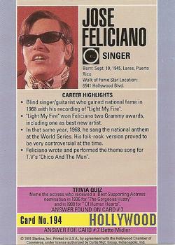 1991 Starline Hollywood Walk of Fame #194 Jose Feliciano Back