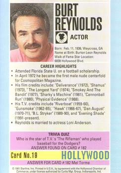 1991 Starline Hollywood Walk of Fame #19 Burt Reynolds Back