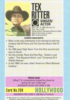 1991 Starline Hollywood Walk of Fame #209 Tex Ritter Back