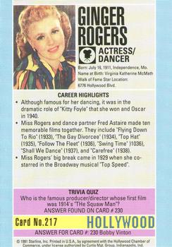 1991 Starline Hollywood Walk of Fame #217 Ginger Rogers Back