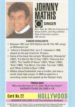 1991 Starline Hollywood Walk of Fame #22 Johnny Mathis Back