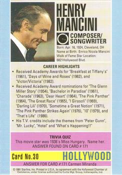 1991 Starline Hollywood Walk of Fame #30 Henry Mancini Back
