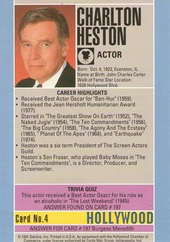 1991 Starline Hollywood Walk of Fame #4a Charlton Heston Back