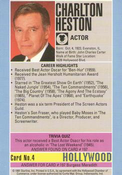1991 Starline Hollywood Walk of Fame #4b Charlton Heston Back