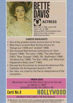 1991 Starline Hollywood Walk of Fame #6 Bette Davis Back