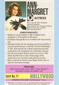 1991 Starline Hollywood Walk of Fame #77 Ann-Margret Back
