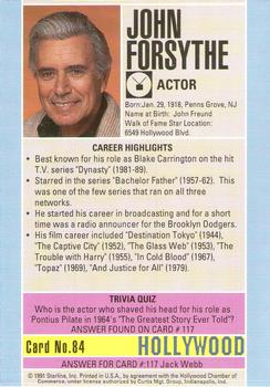 1991 Starline Hollywood Walk of Fame #84 John Forsythe Back