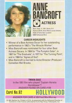1991 Starline Hollywood Walk of Fame #92 Anne Bancroft Back