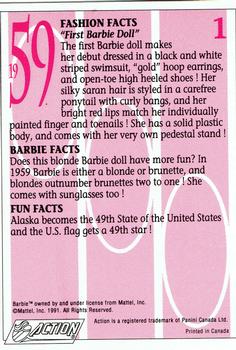1991 Action/Panini Another First for Barbie #1 First Barbie Doll (1959) Back