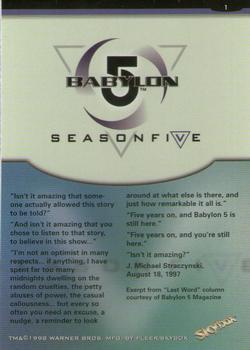 1998 Fleer Babylon 5 Season 5 #1 Babylon 5 Season Five [The Wheel of Fire] Back
