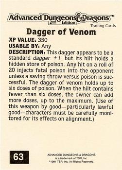 1991 TSR Advanced Dungeons & Dragons - Silver #63 Dagger of Venom Back