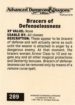 1991 TSR Advanced Dungeons & Dragons - Silver #289 Bracers of Defenselessness Back