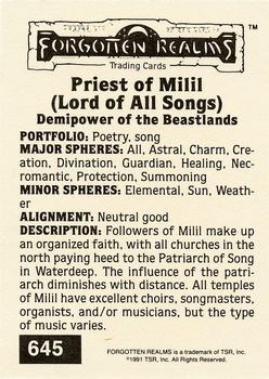 1991 TSR Advanced Dungeons & Dragons - Silver #645 Priest of Milil (Lord of All Songs) Back