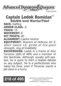 1993 TSR Advanced Dungeons & Dragons 2nd Edition #218 Captain Lodok Romidan Back