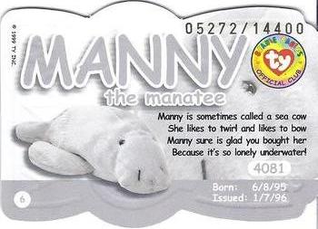 1999 Ty Beanie Babies III #6 Manny the Manatee Back