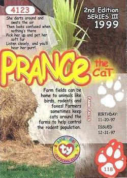 1999 Ty Beanie Babies III #118 Prance the Cat Back