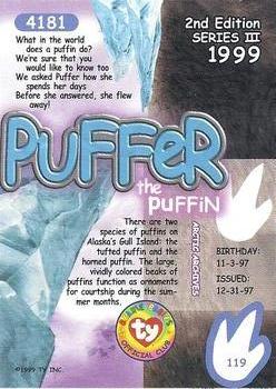 1999 Ty Beanie Babies III #119 Puffer the Puffin Back