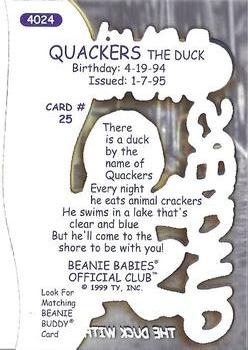 1999 Ty Beanie Babies III #25 Quackers the Duck Baby Back