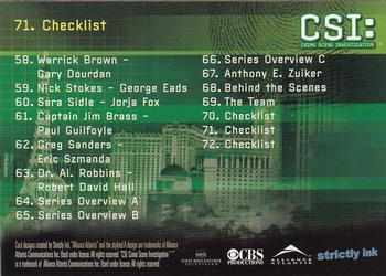 2006 Strictly Ink CSI Series 3 #71 Checklist: 32-72 Back