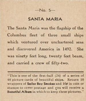 1933 Sailor Boy Smokes Beautiful Ships (R135-1) #5 Santa Maria Back