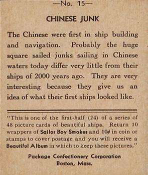 1933 Sailor Boy Smokes Beautiful Ships (R135-1) #15 Chinese Junk Back