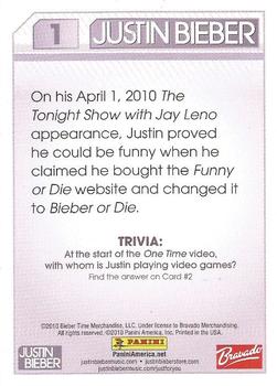 2010 Panini Justin Bieber #1 On his April 1, 2010 The Tonight Show with Jay Leno Back