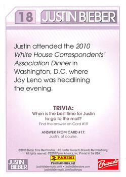 2010 Panini Justin Bieber #18 Justin attended the 2010 White House Correspon Back