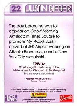 2010 Panini Justin Bieber #22 The day before he was to appear on Good Morning Back
