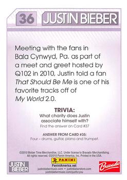 2010 Panini Justin Bieber #36 Meeting with the fans in Bala Cynwyd, Pa. as p Back