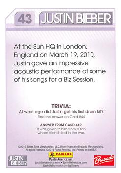 2010 Panini Justin Bieber #43 At the Sun HQ in London, England on March 19, Back