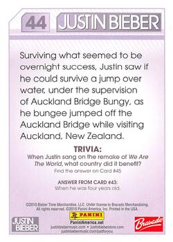 2010 Panini Justin Bieber #44 Surviving what seemed to be overnight success, Back