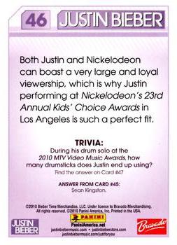2010 Panini Justin Bieber #46 Both Justin and Nickelodeon can boast a very l Back