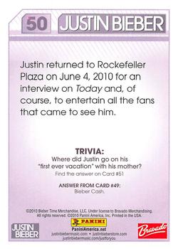 2010 Panini Justin Bieber #50 Justin returned to Rockefeller Plaza on June 4 Back