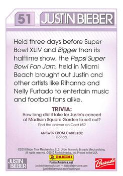 2010 Panini Justin Bieber #51 Held three days before Super Bowl XLIV and Big Back