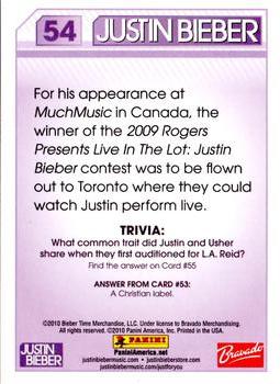 2010 Panini Justin Bieber #54 For his appearance at MuchMusic in Canada, the Back