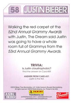 2010 Panini Justin Bieber #58 Walking the red carpet at the 52nd Annual Gram Back