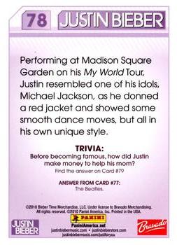 2010 Panini Justin Bieber #78 Performing at Madison Square Garden on his My Back