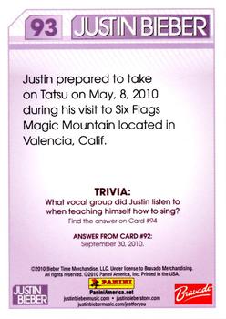 2010 Panini Justin Bieber #93 Justin prepared to take on Tatsu on May, 8, 20 Back
