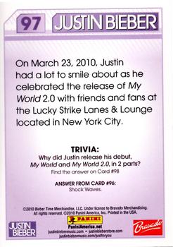 2010 Panini Justin Bieber #97 On March 23, 2010, Justin had a lot to smile a Back